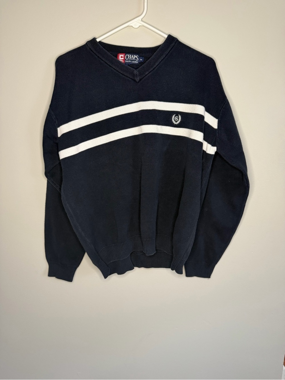 Ralph Lauren Navy V-Neck Sweater with White Stripes